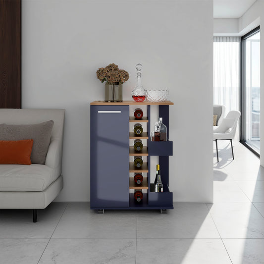 Bar Cart 32.3' H, 1 Door, 10 Shelves, Alby Blue / Natural Oak - Living Room