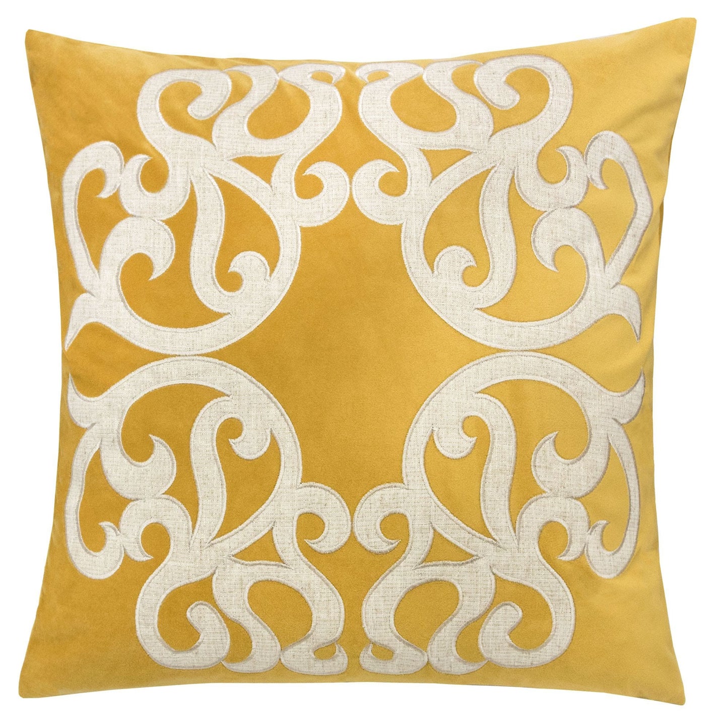 Dora Vintage Vine Yellow Polyester Velvet Pillow Cover with Matching Back and Hidden Zipper - 20x20 Inches