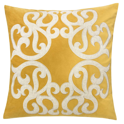 Dora Vintage Vine Yellow Polyester Velvet Pillow Cover with Matching Back and Hidden Zipper - 20x20 Inches