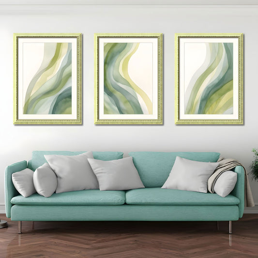 Set of 3 Abstract Green Framed Wall Art – Replaceable Canvas Prints with Solid Wood Picture Frames, Modern Wall Decor for Living Room and Bedroom 18x24 inches