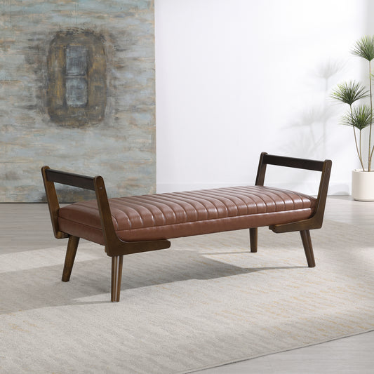 52' Mid Century Bench with Walnut Wood Leg,Channeled Upholstered Footrest Stool for Kitchen, Living Room, Bedroom, Entryway, End of Bed. PU Cognac, Light Brown