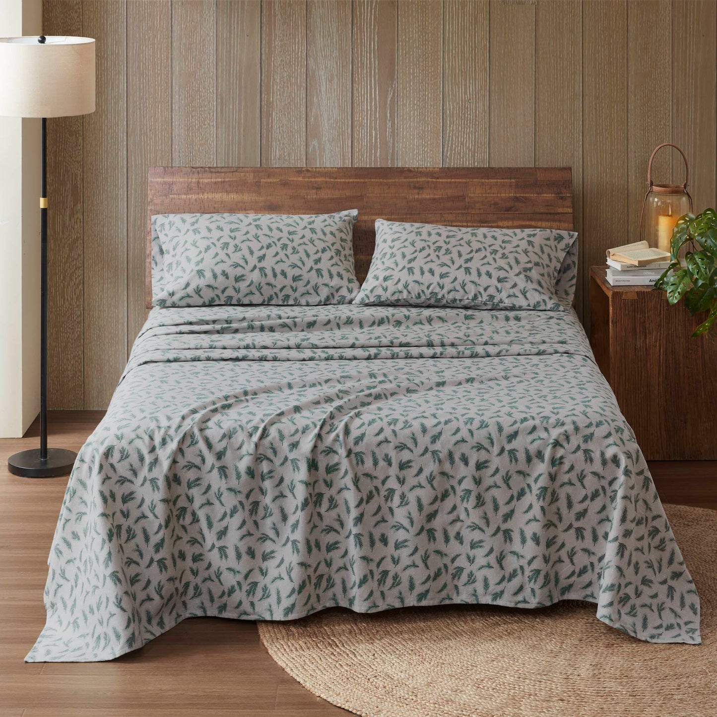 4 Pieces Queen 100% Cotton Flannel Printed Sheet Set,Pine Branches