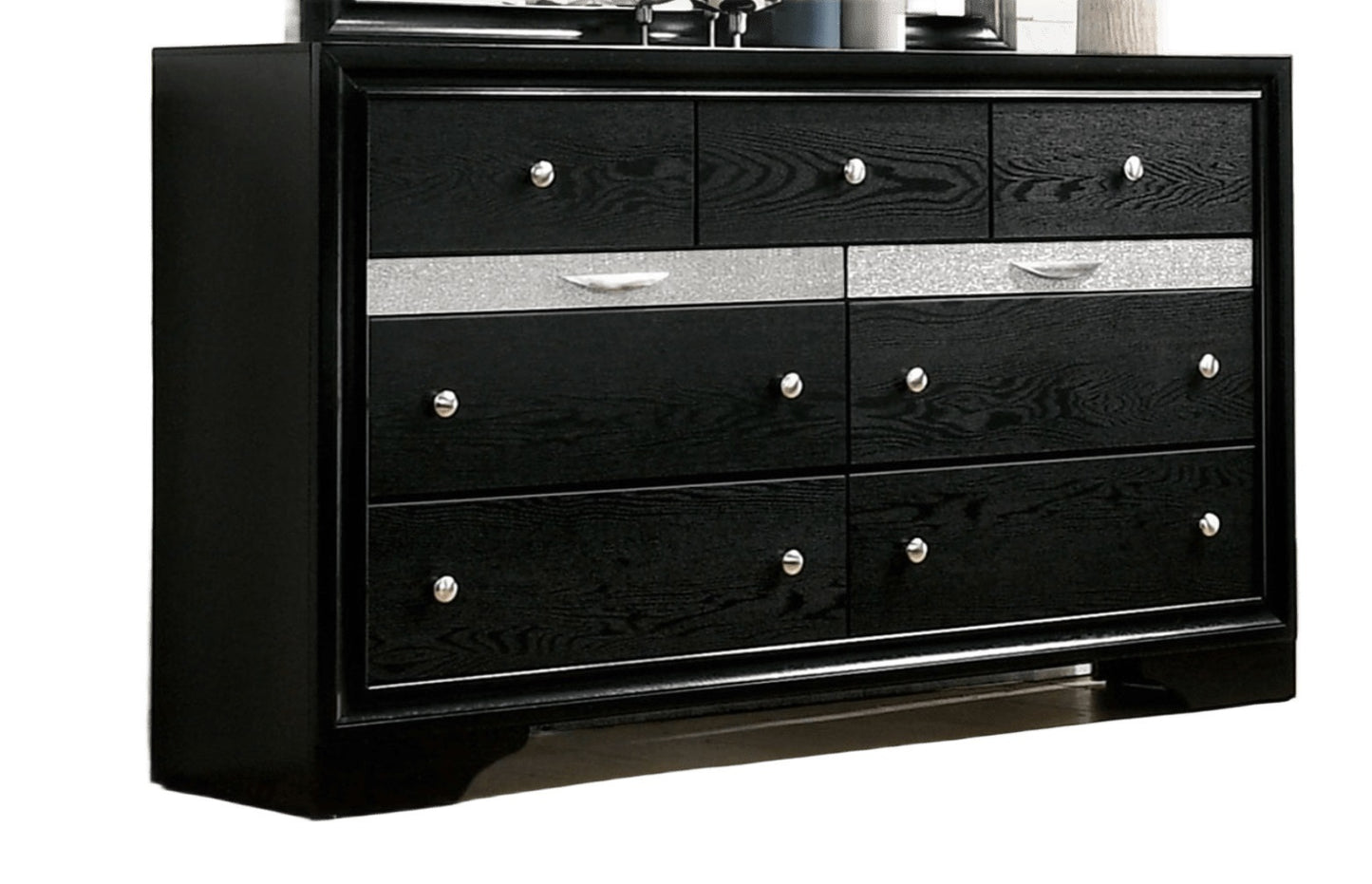 Contemporary 1pc Dresser Hidden Jewelry Drawer English Dovetail Silver Accents Round Knobs Black Color Bedroom Furniture