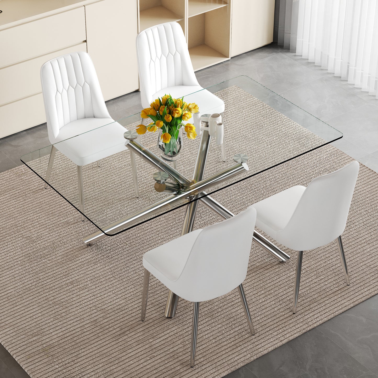 Table and chair set.Modern Luxurious Transparent Tempered Glass Dining Table Set.Single Fork Silver Metal Table Legs.Paired with 4 White Chairs With PU Cushions And Silver Metal Legs.