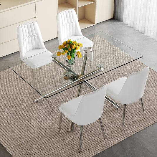 Table and chair set.Modern Luxurious Transparent Tempered Glass Dining Table Set.Single Fork Silver Metal Table Legs.Paired with 4 White Chairs With PU Cushions And Silver Metal Legs.
