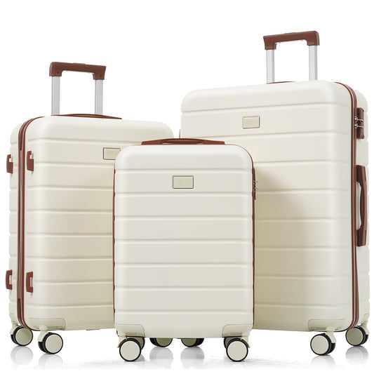 Premium ABS Travel Luggage Set , 3-Piece TSA Lock Suitcase Ensemble with 20, 24, and 28 Inch Sizes with 360° Spinner Wheels, ivory and brown