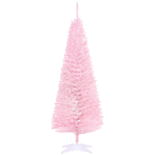 HOMCOM 5' Artificial Pencil Christmas Tree, Slim Xmas Tree with 294 Realistic Branch Tips and Plastic Stand, Pink