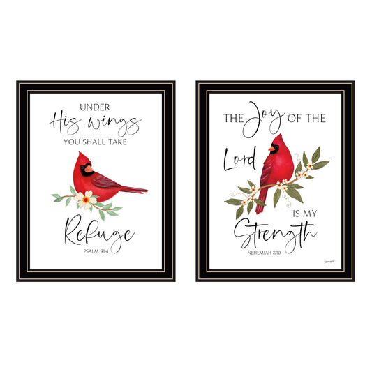 Trendy Decor 4U 2- Piece Vignette The Lord is MY Strength - Red Cardinals Black Framed Wall Art for Living Room, Bedroom Wall Art Print for Home Decor by Annie Lapoint