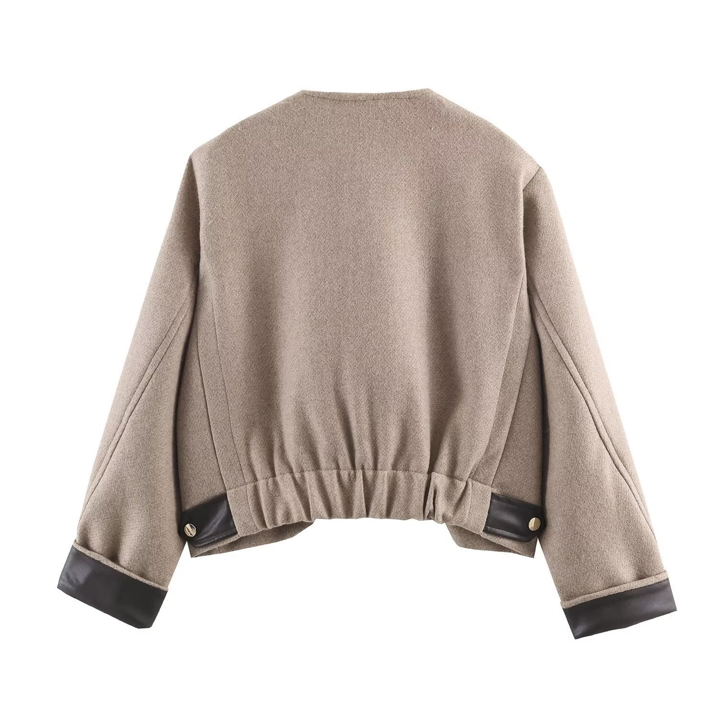 Women's Jacket Taupe Wool Blend Collarless BYMANYC ® New York SOHO LEATHER TRIM COLLARLESS JACKET - New Collection