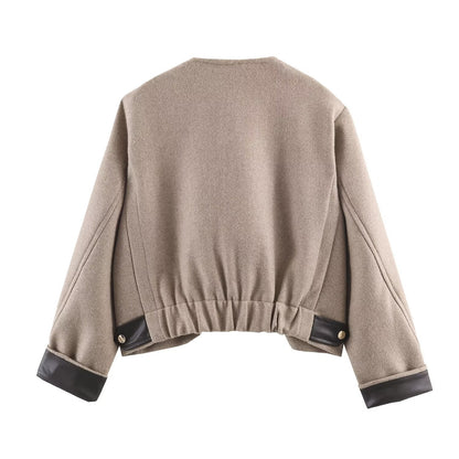 Women's Jacket Taupe Wool Blend Collarless BYMANYC ® New York SOHO LEATHER TRIM COLLARLESS JACKET - New Collection