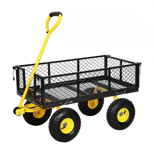 Heavy Duty Steel Garden Cart - 900 lbs Capacity, Removable Mesh Sides Convert to Flatbed, Utility Metal Wagon with 180° Rotating Handle & 10' Tires - Ideal for Garden, Farm, Yard Work