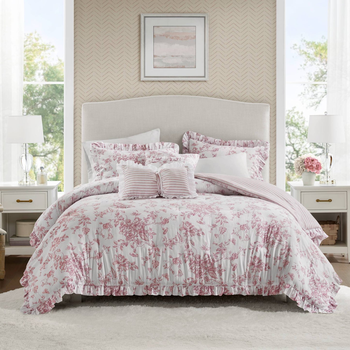 5 Pieces Full/Queen Comforter Set with Decorative Pillows,Pink