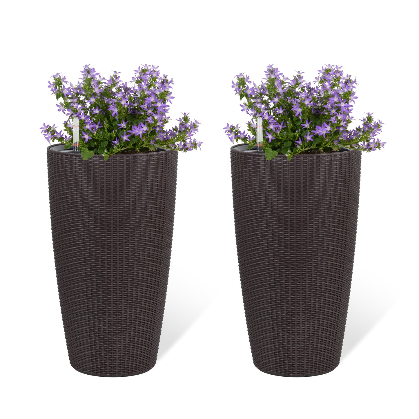 Faux Rattan Tall Planters Set of 2 with Water Level Monitor and Automatic Watering, Brown, 22 Inch