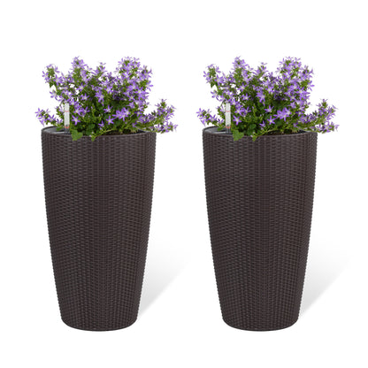 Faux Rattan Tall Planters Set of 2 with Water Level Monitor and Automatic Watering, Brown, 22 Inch