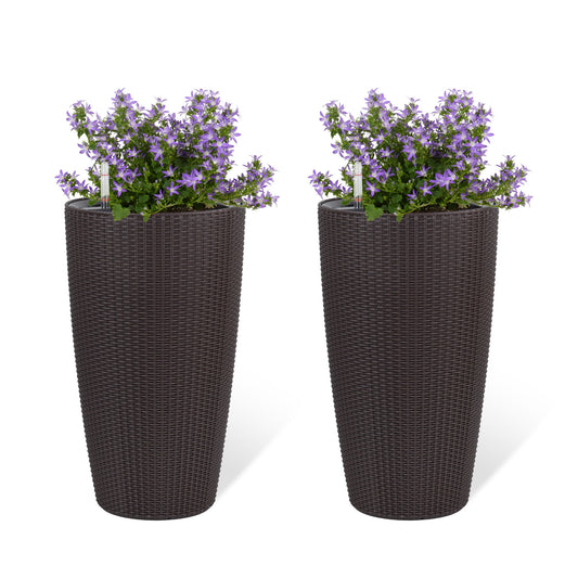 Faux Rattan Tall Planters Set of 2 with Water Level Monitor and Automatic Watering, Brown, 22 Inch