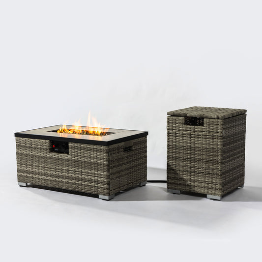 32' Propane Gas Fire Pit Table with Propane Tank Cover, 50000 BTU Rectangular Steel Fire Pit with Beautiful Wicker Base for Outside Garden-Beige