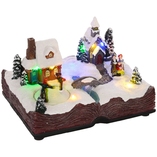 HOMCOM Christmas Village on an Open Bible with LED Lights and Music, Lighted Musical Christmas Village Houses with Rotating Ice Skaters, Battery Operated