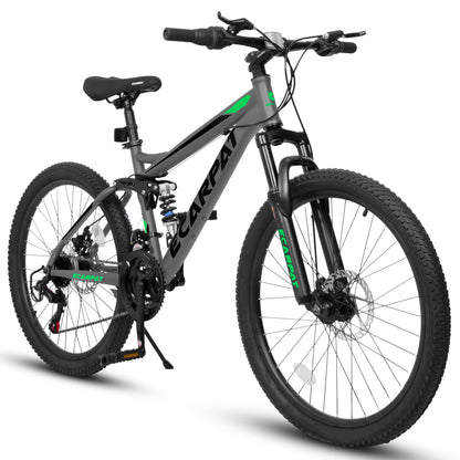 A2460 24 Inch Mountain Bike with Full Suspension, 21 Speed Grip Shifters, High Carbon Steel Frame, Mechanical Disc Brakes, Unisex for Men/Women/ Adults, Ideal for Trails.