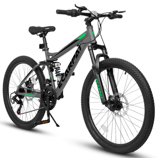 A2460 24 Inch Mountain Bike with Full Suspension, 21 Speed Grip Shifters, High Carbon Steel Frame, Mechanical Disc Brakes, Unisex for Men/Women/ Adults, Ideal for Trails.