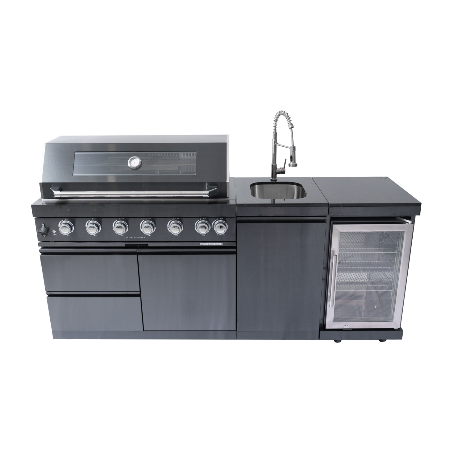 43-Inch 6-Burner 85,000 BTU Stainless Steel Outdoor Kitchen Island Grill with Wine Cooler Refrigerator, Rotisserie Kit, Granite Countertops & Stainless Steel Sink