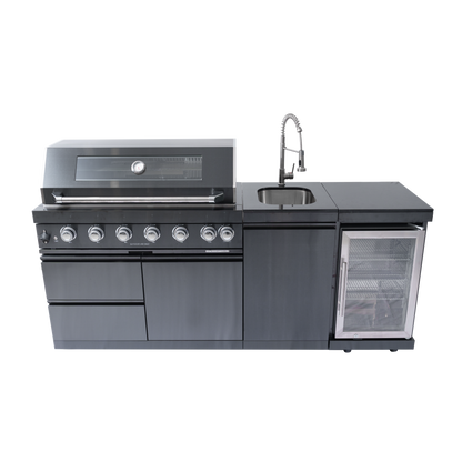 43-Inch 6-Burner 85,000 BTU Stainless Steel Outdoor Kitchen Island Grill with Wine Cooler Refrigerator, Rotisserie Kit, Granite Countertops & Stainless Steel Sink