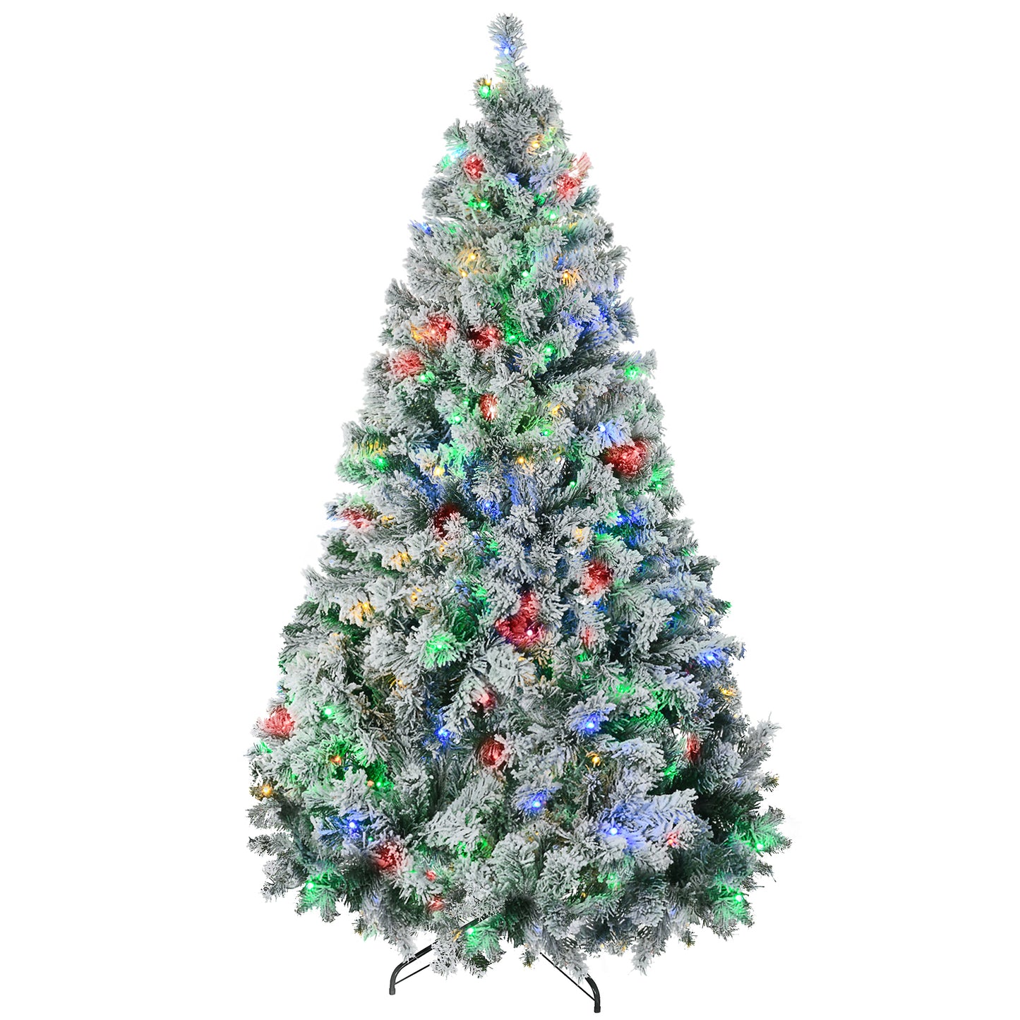 HOMCOM 7.5ft Tall Prelit Artificial Christmas Tree Holiday Décor with 1149 Snow Flocked Branches, 550 Warm White or Colorful LED Lights, Steel Base