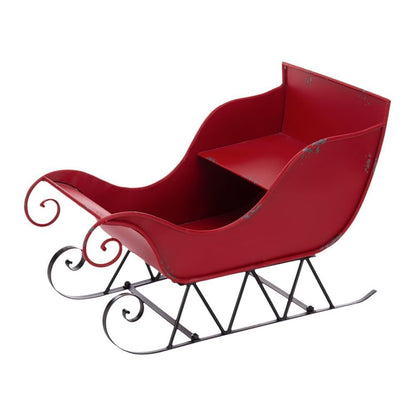 25x13.5x17.5'H Iron Red/Black Sleigh Medium, Distressed Christmas Santa Sleigh Holiday Decoration