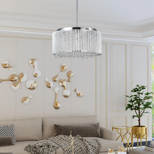 16' Elegant Crystal Pendant Chandelier with Chrome Finish – 7-Light Drum Light Fixture with Clear Crystal Strands for Dining Room, Living Room, or Bedroom (Bulb Not Included)