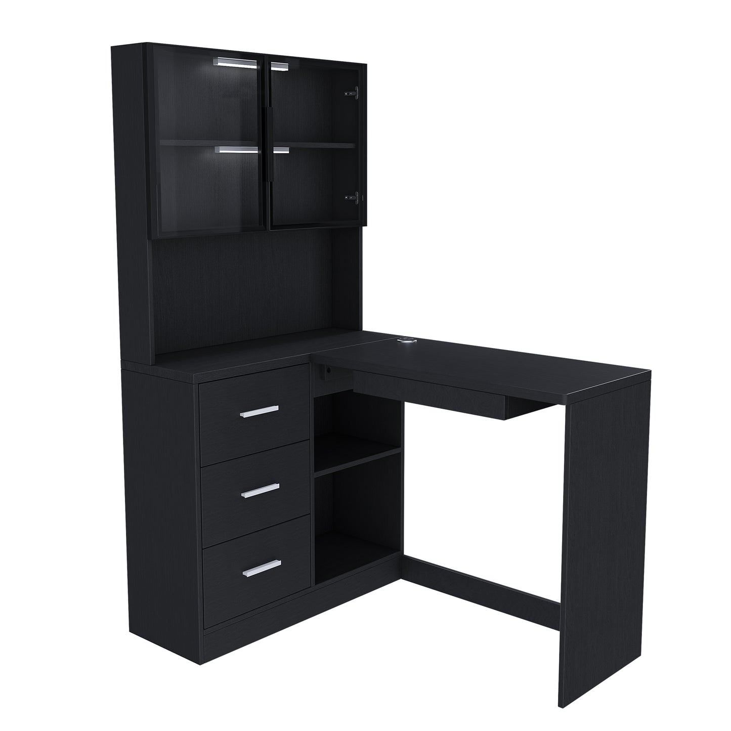 Black L-Shaped Computer Desk with Glass Cabinets, Built-In LED Lights, USB Charging Ports, and Keyboard Tray - Ergonomic Office Furniture for Home and Corporate Workspaces