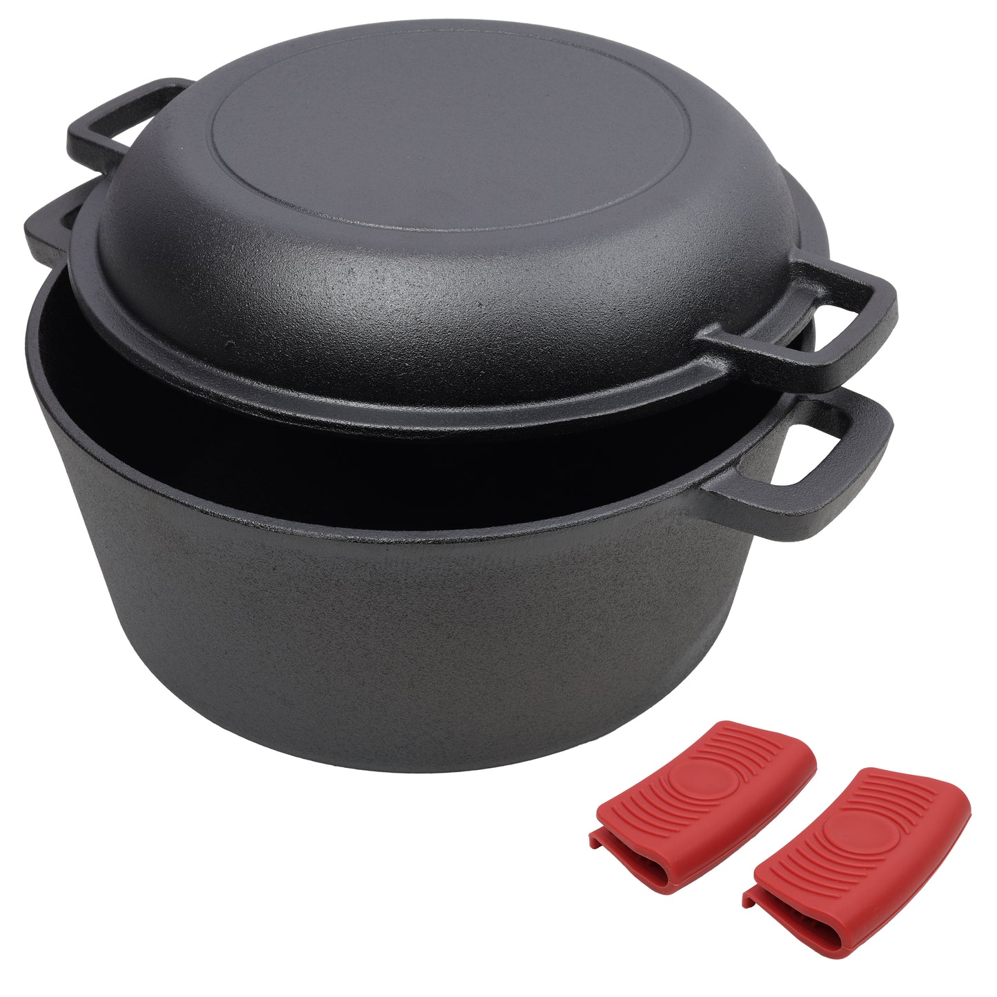 Pre-Seasoned Cast Iron Dutch Oven 2-in-1 with Dual Handles and Silicone Covers, Black, Iron, 5 Quart