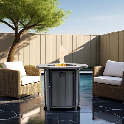 30' Propane Gas Fire Pit Table, 50000 BTU Round Steel Fire Pit with Wood Grain Ceramic Tabletop for Outside Patio Deck Garden Backyard- Black