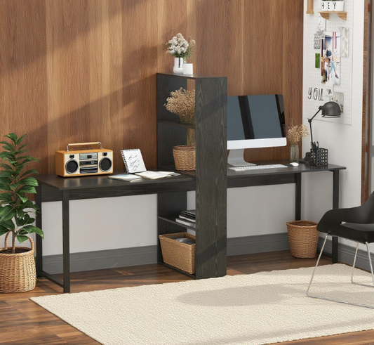 Long Computer Desk with Storage Shelves Combo, Double Workstation Storage Study Writing Table for Home Office, Bookshelf