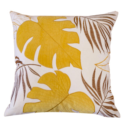 Autumn Vibes Leaf Accent Pillow in Yellow with Polyester Velvet Fabric and Matching Back, 20x20 inches