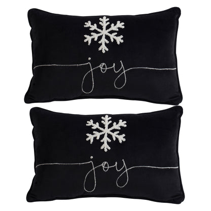 Set of 2, 18x12' Black Velvet Pillow With Embroidered Joy And Frosty Snowflake, for Christmas Halloween Holiday Decor