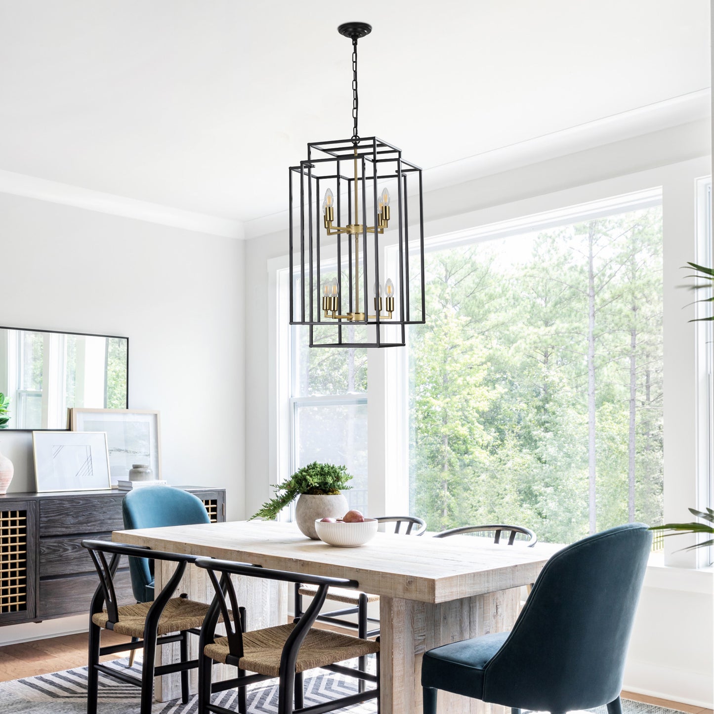 18' Modern 8-Light Black Gold Geometric Pendant Chandelier, Industrial Metal Frame, Adjustable Hanging Light for Living Room, Dining Room, Kitchen (No Bulbs)