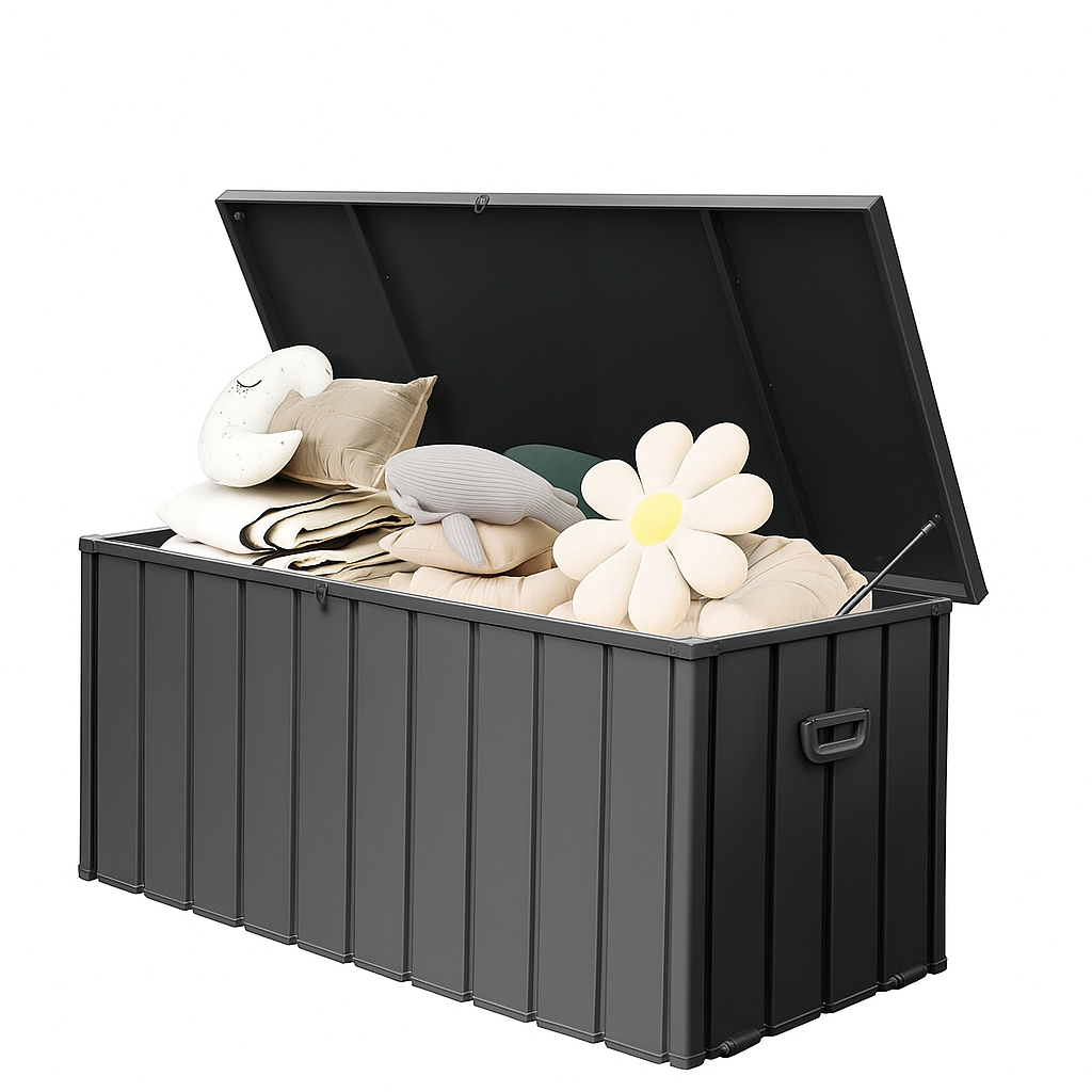 190 Gallon Metal Deck Box, Waterproof Steel Outdoor Box, Large Patio Furniture Storage Cabinet, Lockable Storage Bench for Porch Package Delivery, Pillows, Cushions, Pool, Tools, Backyard, Grey