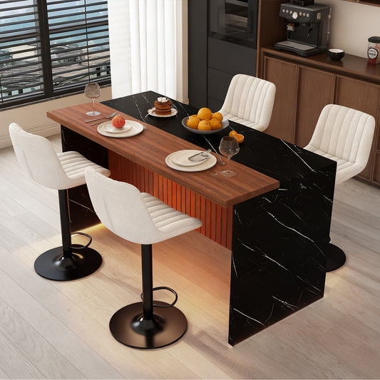 63' Modern Kitchen Island Set with 4 Beige Bar Stools - Black Marble Look Surface, LED Lighting & Grill Design for Dining Room, Open Concept Spaces, Lounge(4 Beige Bar Stools)