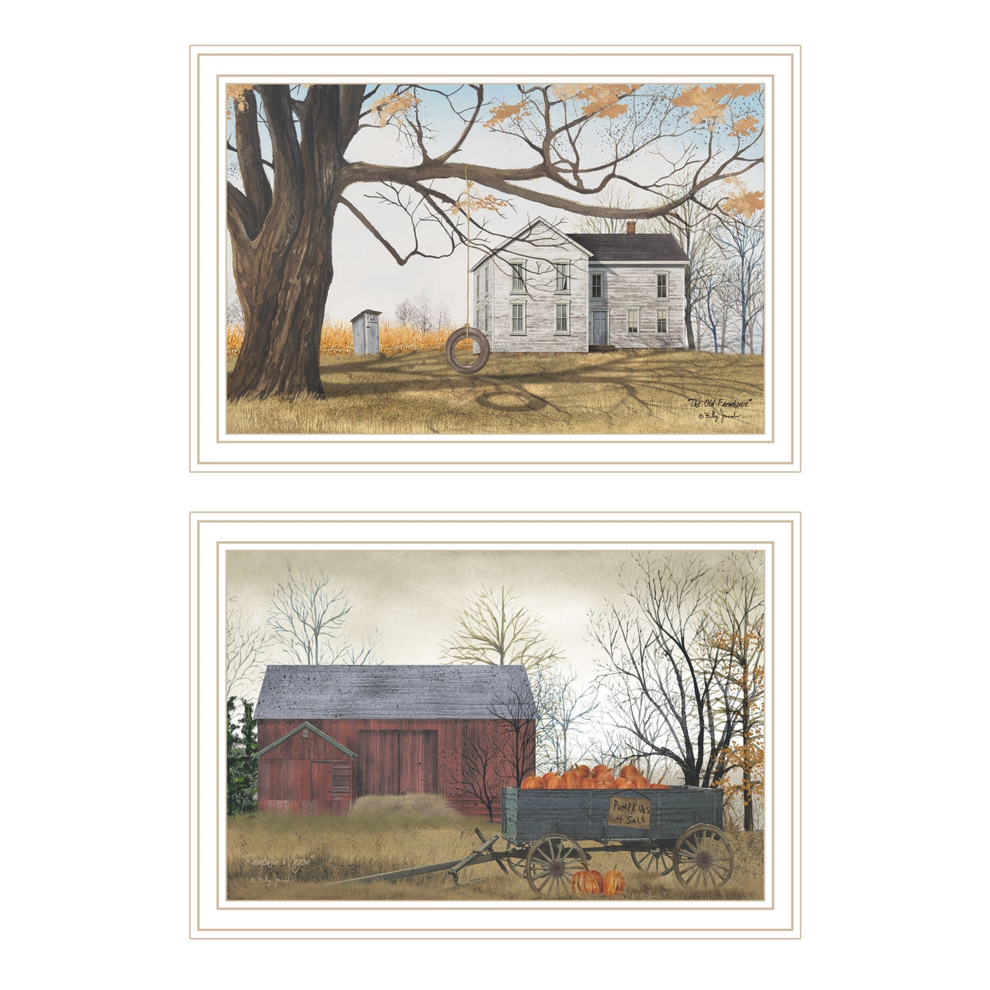 Trendy Decor 4U 2- Piece Vignette Farmhouse, Barn & Pumpkin Wagon White Framed Wall Art for Living Room, Bedroom Wall Art Print for Home Decor by Billy Jacobs
