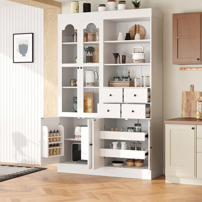 [Assembly Video Provided] TOPMAX 47.2x15.7x75inch Freestanding Buffet with Hutch, Tall Kitchen Pantry Cabinet with 4 Drawers, Door Shelves and Pull-out Trays for Dining room, Living Room, White