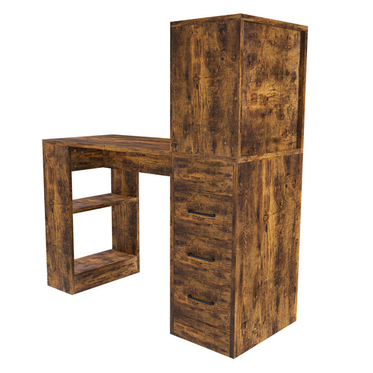 Modern Computer Desk with 4-in-1 Socket & 3 Drawers, 4-Tier Shelves, Carbonized Wood Finish Laminate in Brown, MDF Material, 43.31 x 19.69 x 47.24 Inches