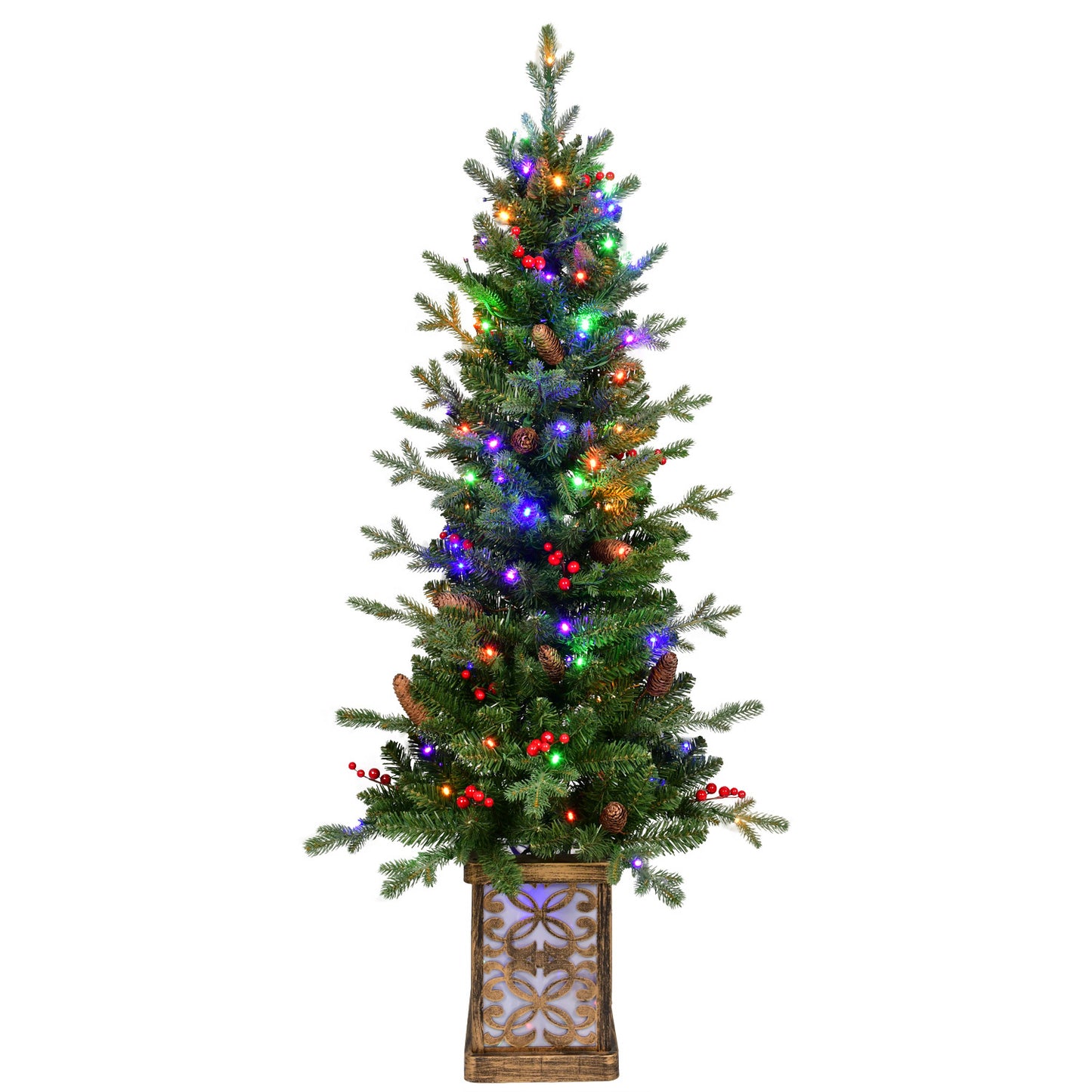 4FT Pre-Lit Green Christmas Tree with Glitter Base – 100 Multicolor LED Lights, 396 Tips, Red Berries & Pine Cones, PE/PVC Full Branches, Festive Light-Up Pot
