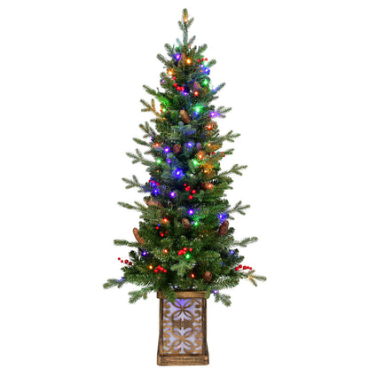 4FT Pre-Lit Green Christmas Tree with Glitter Base – 100 Multicolor LED Lights, 396 Tips, Red Berries & Pine Cones, PE/PVC Full Branches, Festive Light-Up Pot