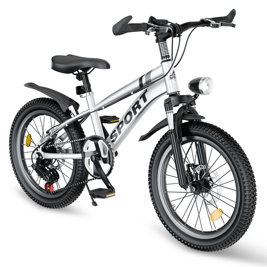 FKZNPJ 20 Inch Kids Mountain Bike for Boys & Girls Ages 7-12 – 7-Speed Gears, Dual Disc Brakes, Shock Absorber Front Fork, LED Light – Silver & Pink