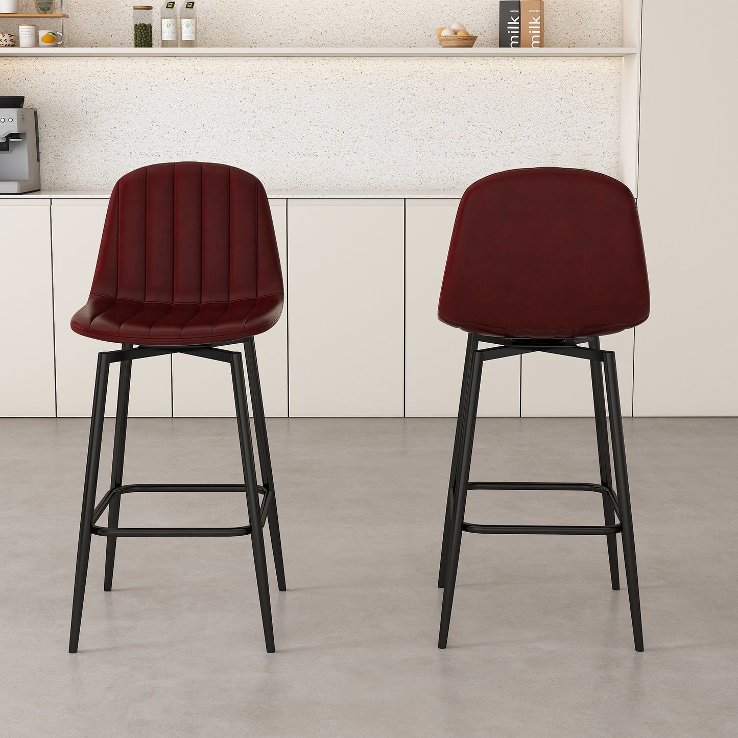 Modern Bar Stools with Swivel Mechanism, PU Padded Seats with Back Support & Metal Legs – Ideal for Kitchen Islands, Home Bars, Commercial Bars, Dark Brown(Set of 2)