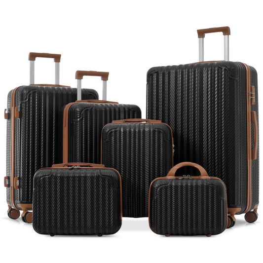6-Piece Luggage Set, Durable Hardshell ABS Suitcase with Spinner Wheels, TSA Lock, Side Hooks, Lightweight Carry-On & Checked Luggage
