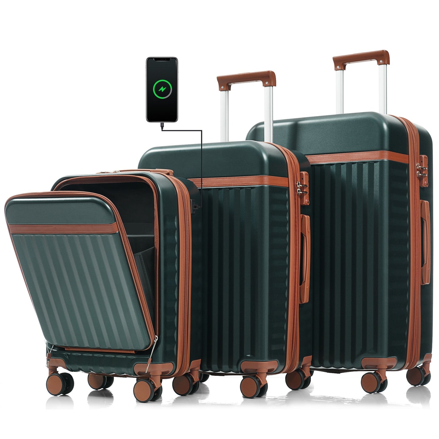 Luggage Set of 3, 20inch with USB Port, front opening design Airline Certified Carry on Luggage, ABS Hard Shell Luggage with Spinner Wheels,Dark Green