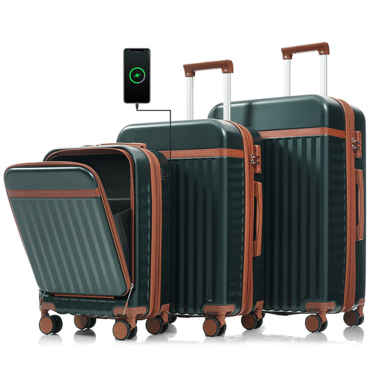 Luggage Set of 3, 20inch with USB Port, front opening design Airline Certified Carry on Luggage, ABS Hard Shell Luggage with Spinner Wheels,Dark Green