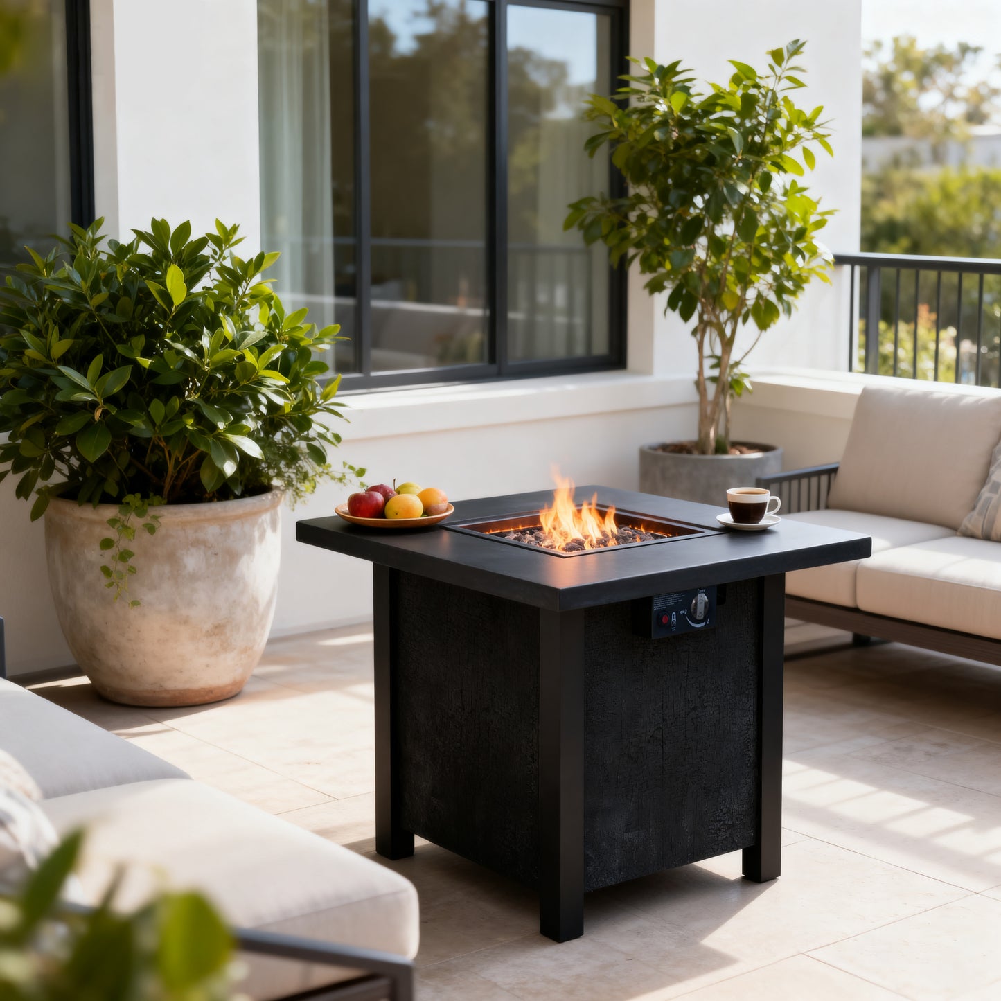 25' H Outdoor Patio Propane Gas Fire Pit Table - 50,000 BTU High-temperature-resistant carving process for environmentally friendly materials with the effect of rattan weaving grain