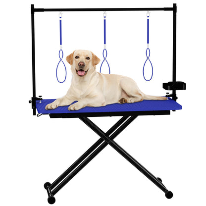 47'' Blue Large Dog Grooming Table X-Lift Foldable Grooming Table for Dogs at Home Adjustable Height Arms Pet Station with Nooses, Tool Organizer