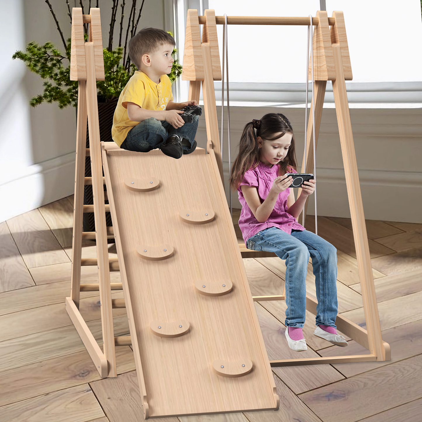 4-in-1 Juniper Indoor Play Gym - Jungle Gym Playset with Baby Swing, Slide, Ladder, and Climbing Wall - Foldable Wooden Playset - Indoor Jungle Gym for Kids